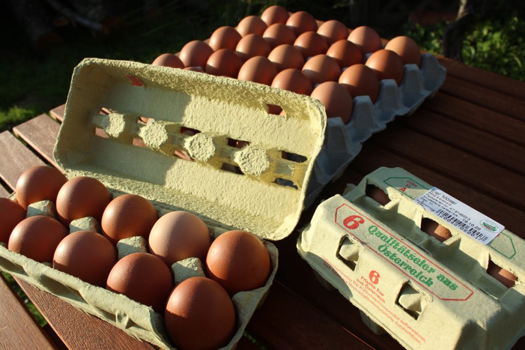 Geöffneter Eierkarton und Eierpalette.